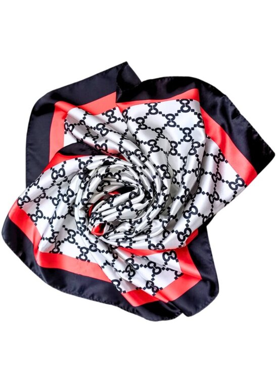 Accessories - Vintage Geometric Monogram Silk Feel Scarf - Black, White & Red Border Square